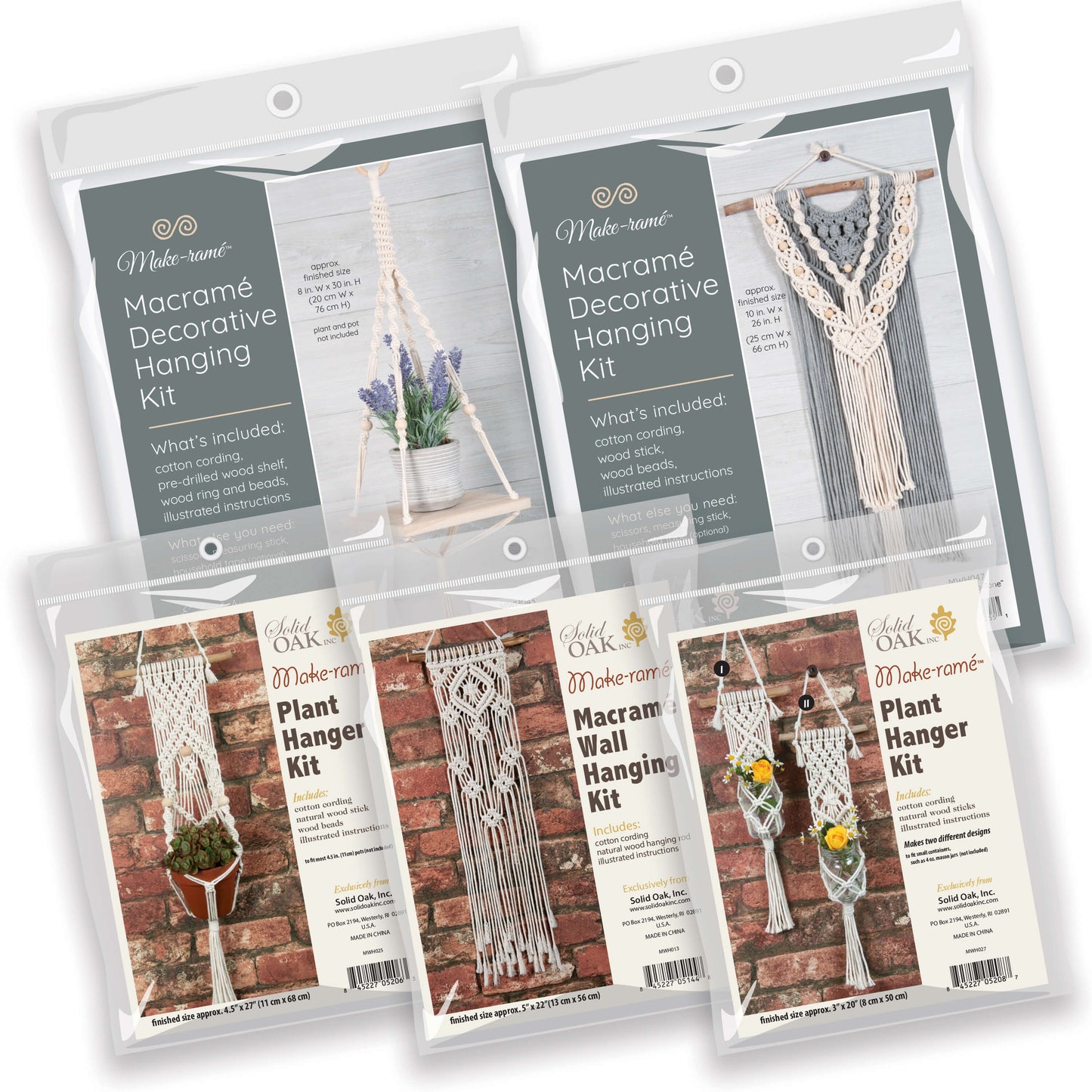Value bundled collection of five different, popular Solid Oak macrame kits - square hanging shelf, 2-tone wall hanging, Lacy Diamonds mini haning, Beaded plant hanger and mini plant hangers.