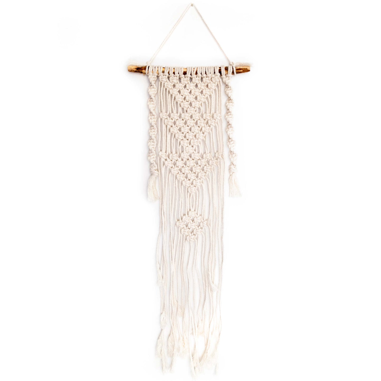 Three Triangles mini wall hanging kit shown made up; part of Macrame style bundle group three - best selling DIY kits from Solid Oak, Inc: Palm Tree, Chevrons, Three Triangles, Two Hearts - plus a skein of our sot and thick cotto macrame cord! bargain priced 30% off the cost if bought separately.
