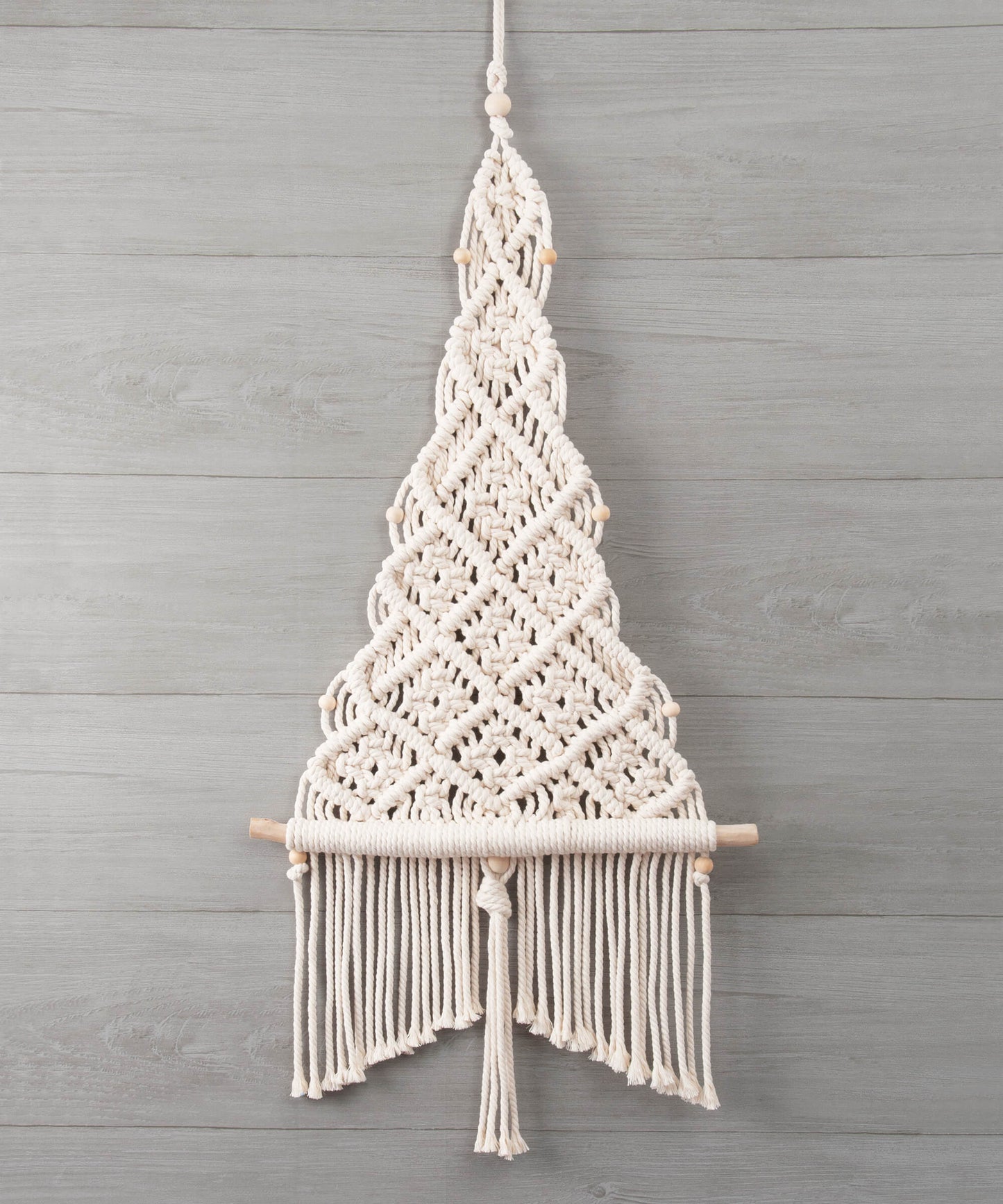 Solid Oak DIY macrame kit - natural off-white color Christmas Tree on grey wood background