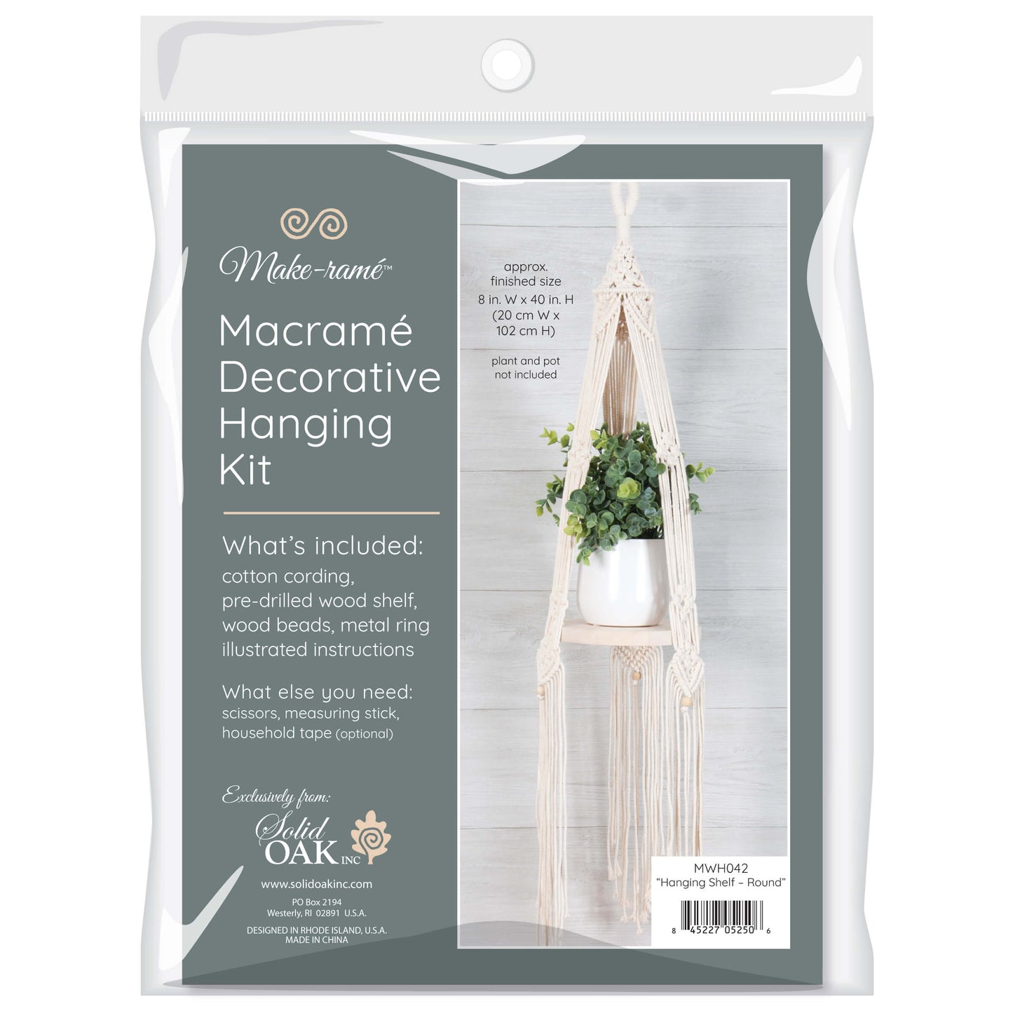 DIY macrame kit: round wood hanging shelf "Bohemian" style knotted design. Shown in kit package.
