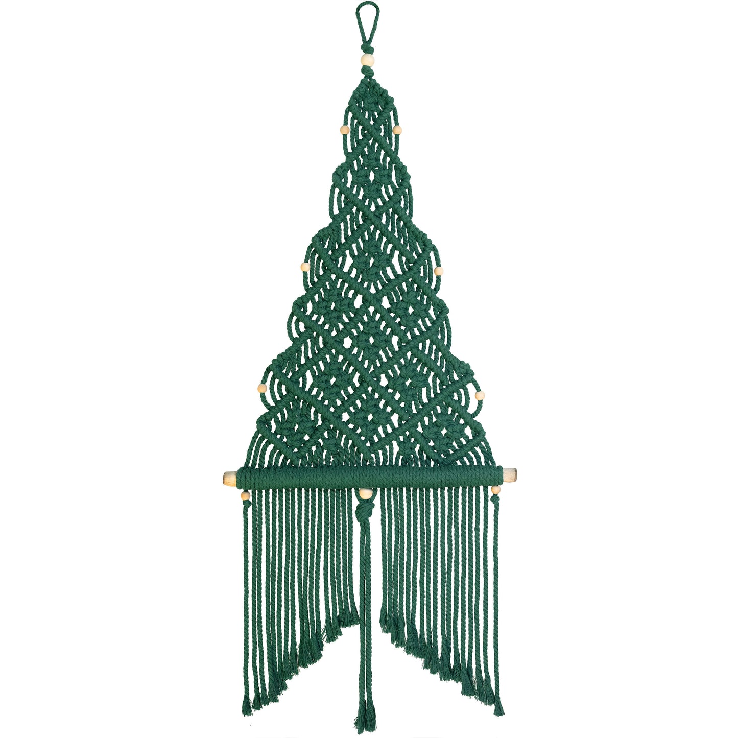 macrame Christmas tree DIY wall hanging kit, made with dark green color cord, natural wood beads.