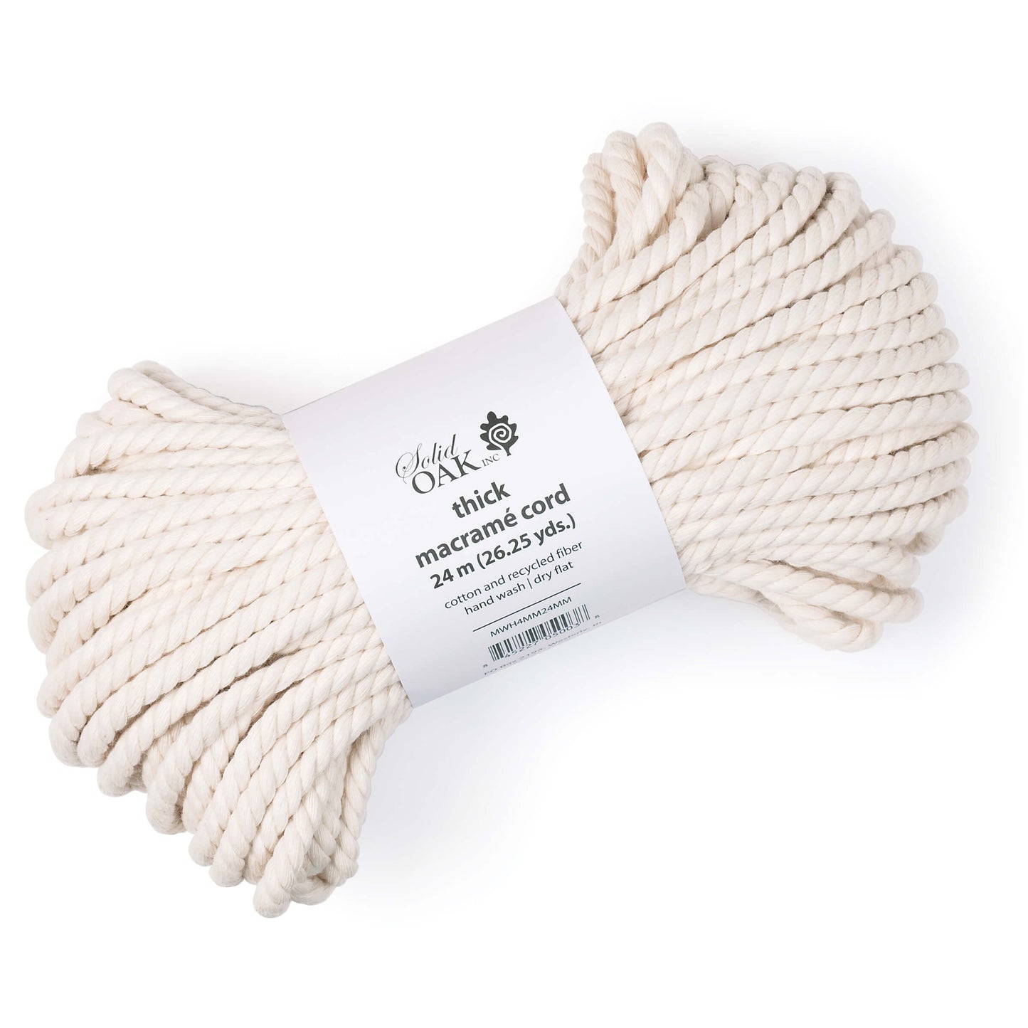 24 meter skein of Solid Oak Inc., "thick' (4mm) ; included in Macrame style bundle group three - best selling DIY kits from Solid Oak, Inc: Palm Tree, Chevrons, Three Triangles, Two Hearts - plus a skein of our sot and thick cotto macrame cord! bargain priced 30% off the cost if bought separately.