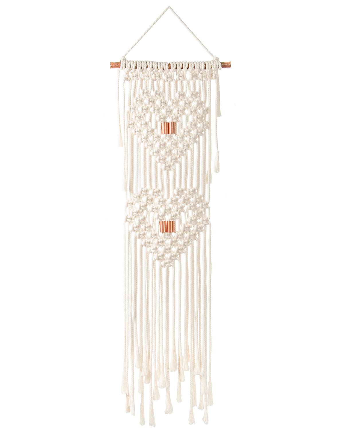 Teo Hearts wall hanging kit made up; part of Macrame style bundle group three - best selling DIY kits from Solid Oak, Inc: Palm Tree, Chevrons, Three Triangles, Two Hearts - plus a skein of our sot and thick cotto macrame cord! bargain priced 30% off the cost if bought separately.