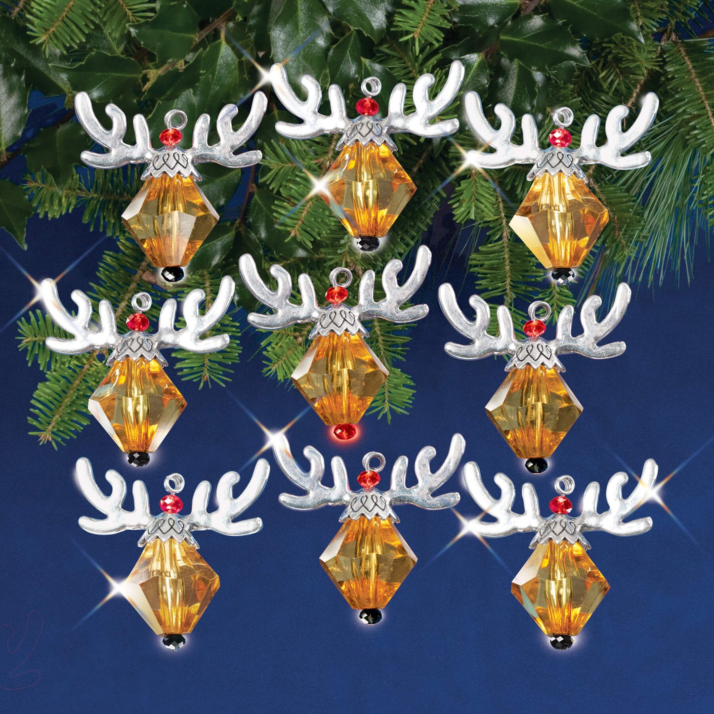 beaded ornament kit from Solid Oak: Santa's Reindeer. Kit makes eight reindeer with black noses, and one red-nosed Rudolf. Very stylized, very cute, very easy to make!