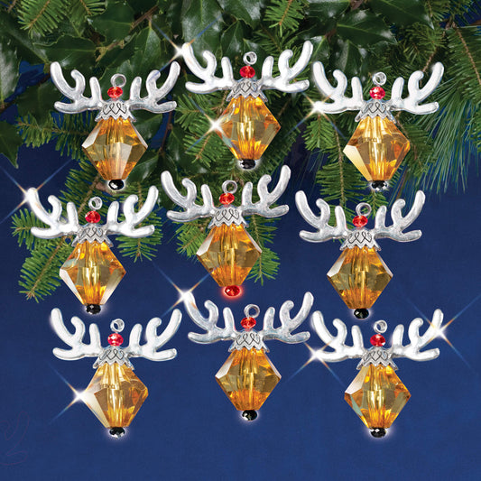 beaded ornament kit from Solid Oak: Santa's Reindeer. Kit makes eight reindeer with black noses, and one red-nosed Rudolf. Very stylized, very cute, very easy to make!