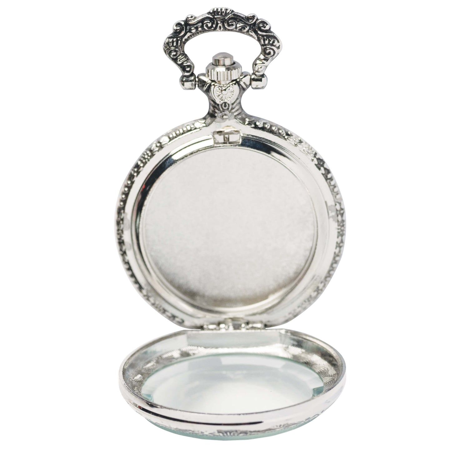 large size pcket watch case, antiqued imitation silver metal with clear, hinged acrylic cover, shown opened