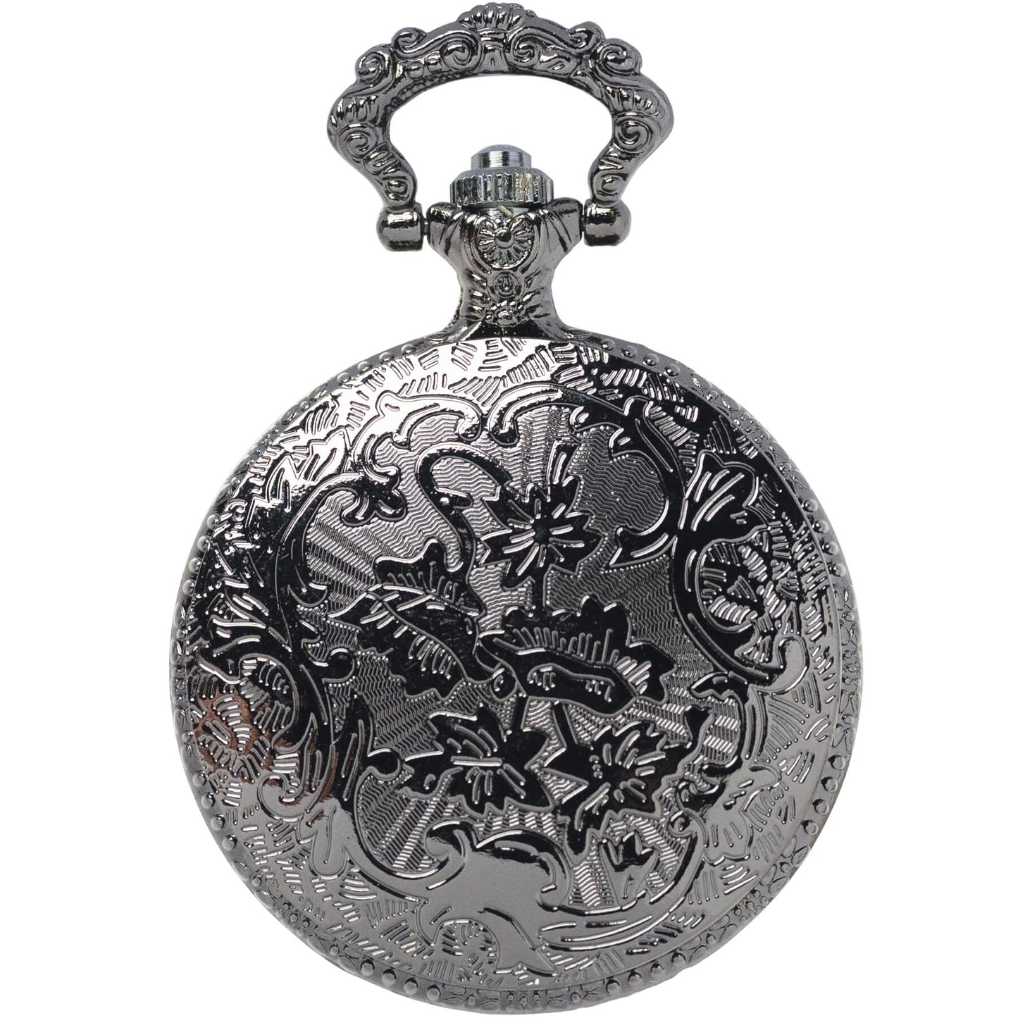Large Watch Case with clear cover - gunmetal black finish, showing back side engraved detail
