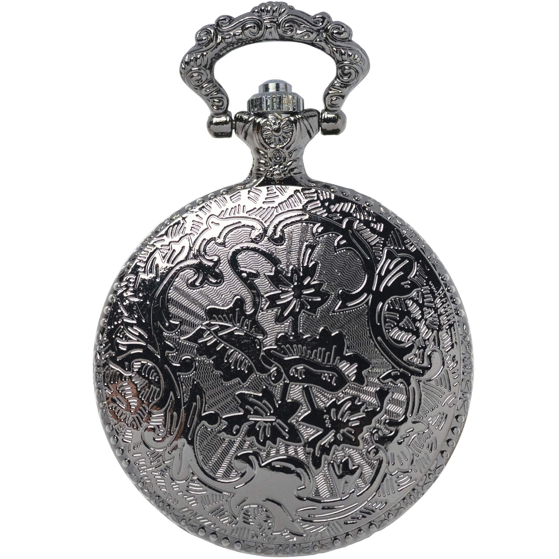 Large Watch Case with clear cover - gunmetal black finish, showing back side engraved detail