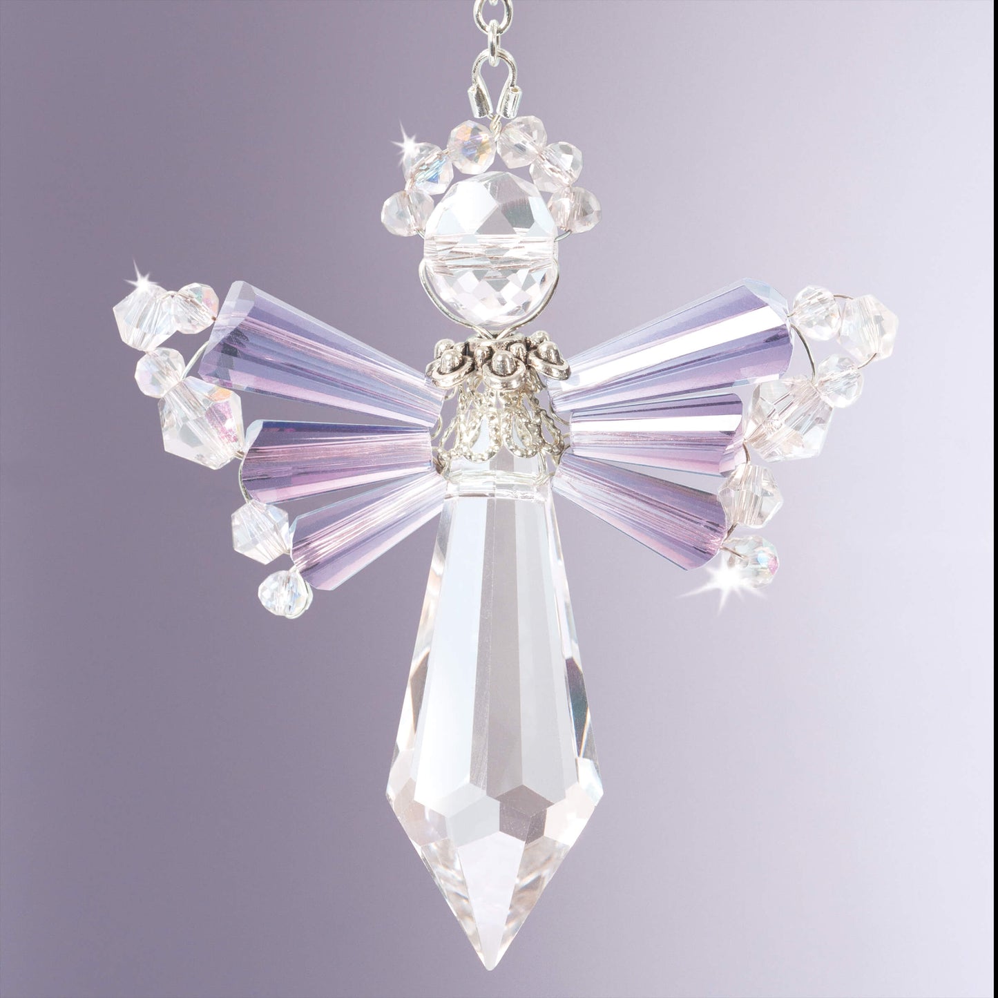 Pale lavender birthstone angel, made from Solid Oak June Crystal Angel Ornament kit