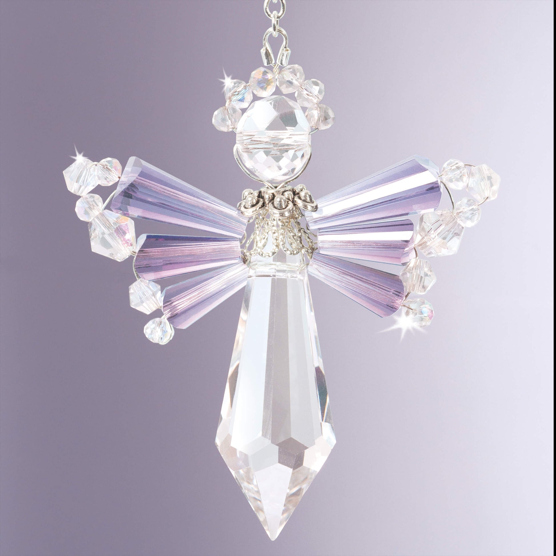 Pale lavender birthstone angel, made from Solid Oak June Crystal Angel Ornament kit