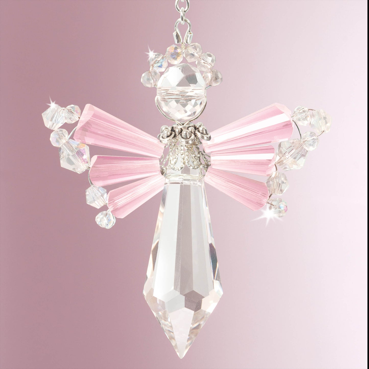 DIY crystal birthstone angel sun catcher, October pink tourmailne color.