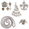 Solid Oak's "Magic Castle" vaue bundle, includes metal pendants (peacock, fleur de lis, perched gargoye) and charm set (crown, key, 2 fleur de lis charms) and one length of jewelry chain (1 meter / 39 inches)