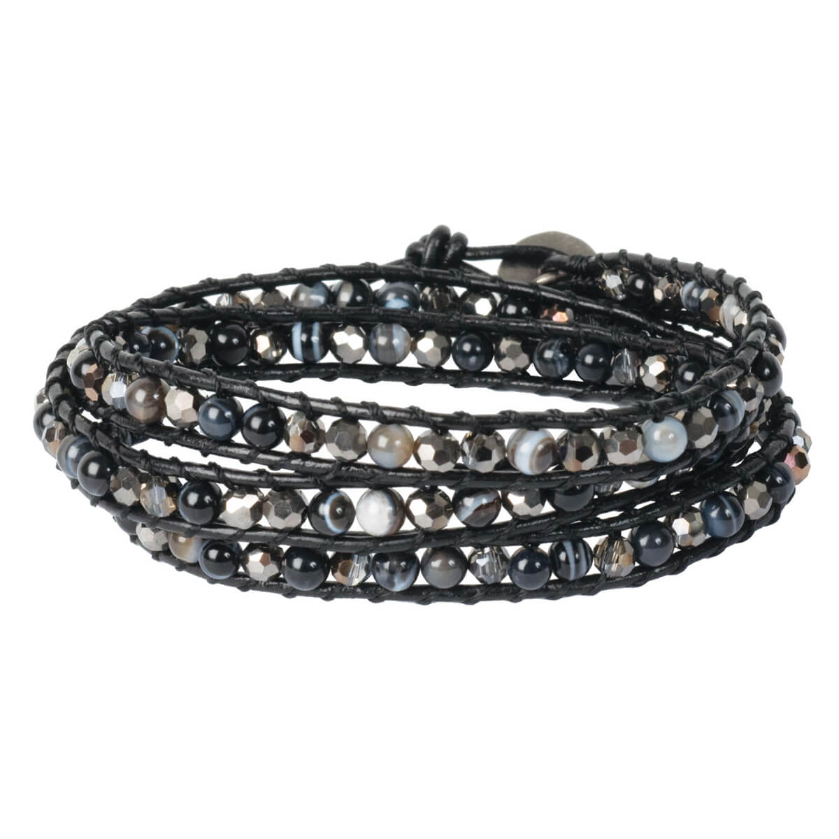Black Magic design, triple wrap bracelet kit, with adjustable closure, semiprecious and crystal beads, leather cord, button closure.