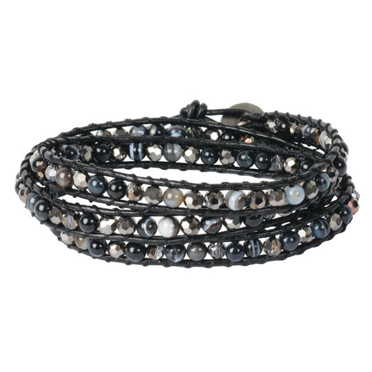 Black Magic design, triple wrap bracelet kit, with adjustable closure, semiprecious and crystal beads, leather cord, button closure.