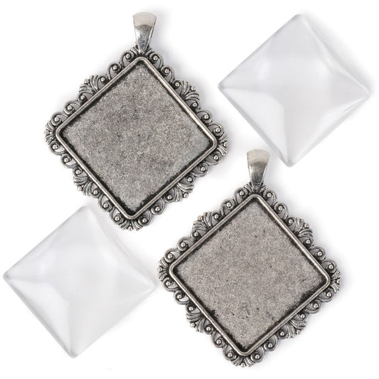 30mm Diagonal Square - Antiqued Imitation Silver