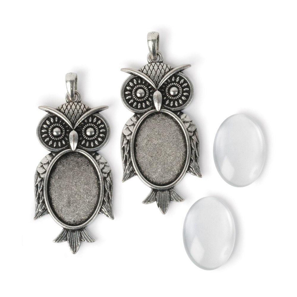 picture of Owl design picture frame pendants for 18x25mm Oval - Antiqued Imitation Silver indi-pendant