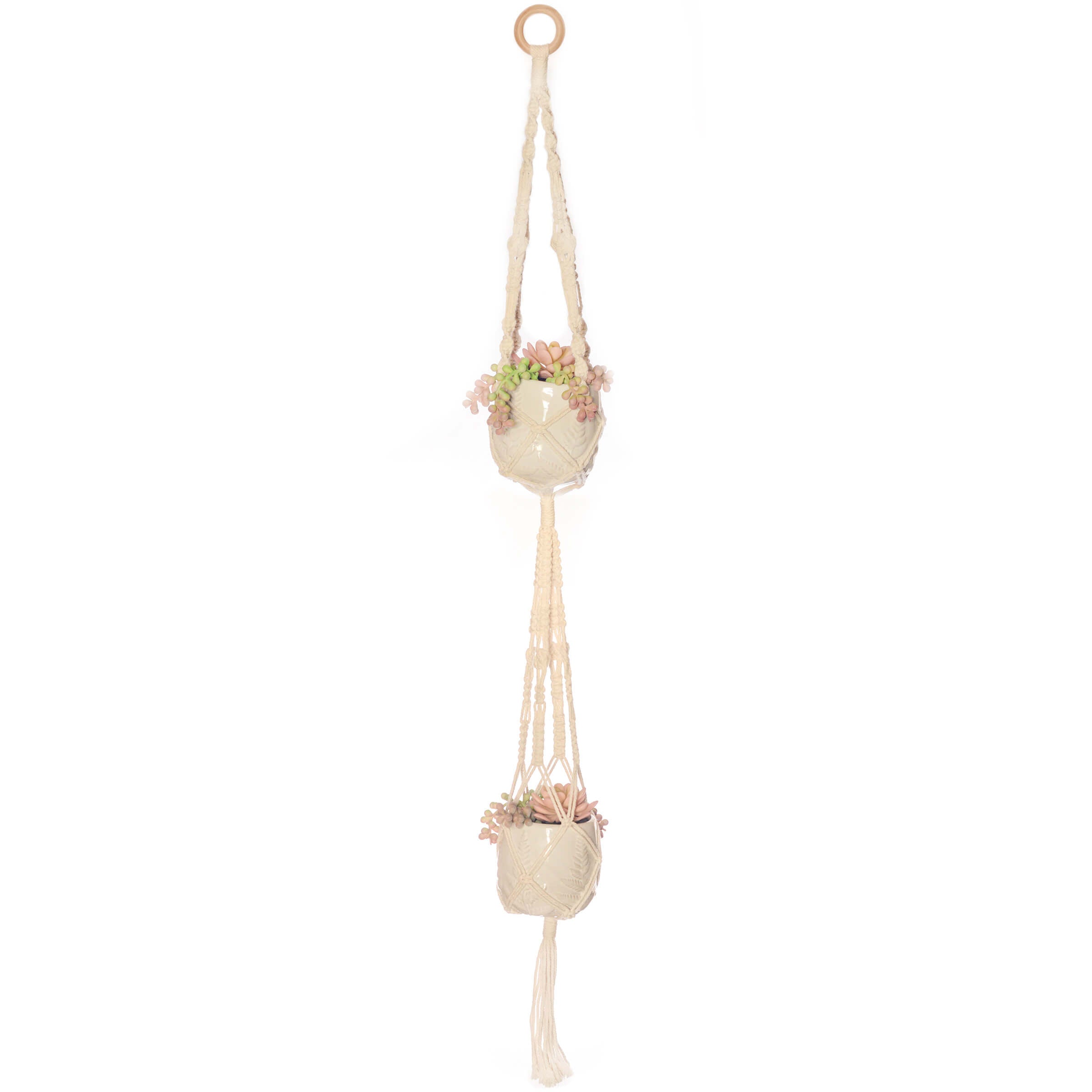 macrame outdoor plant hanger Solid Oak Macrame Hanging Kit Double Plant Hanger