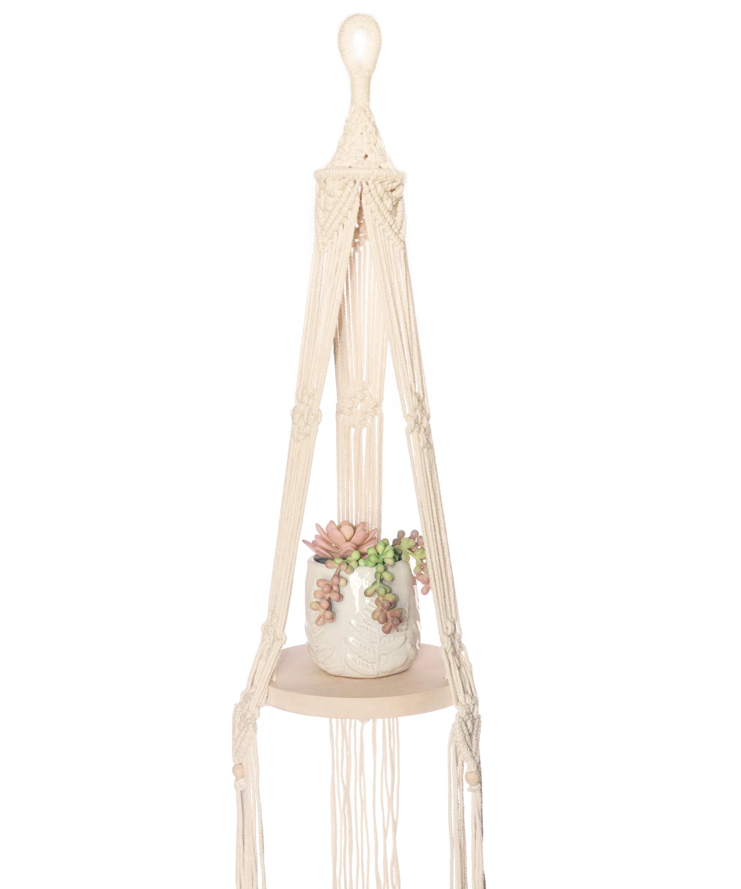 DIY macrame kit: round wood hanging shelf "Bohemian" style knotted design.