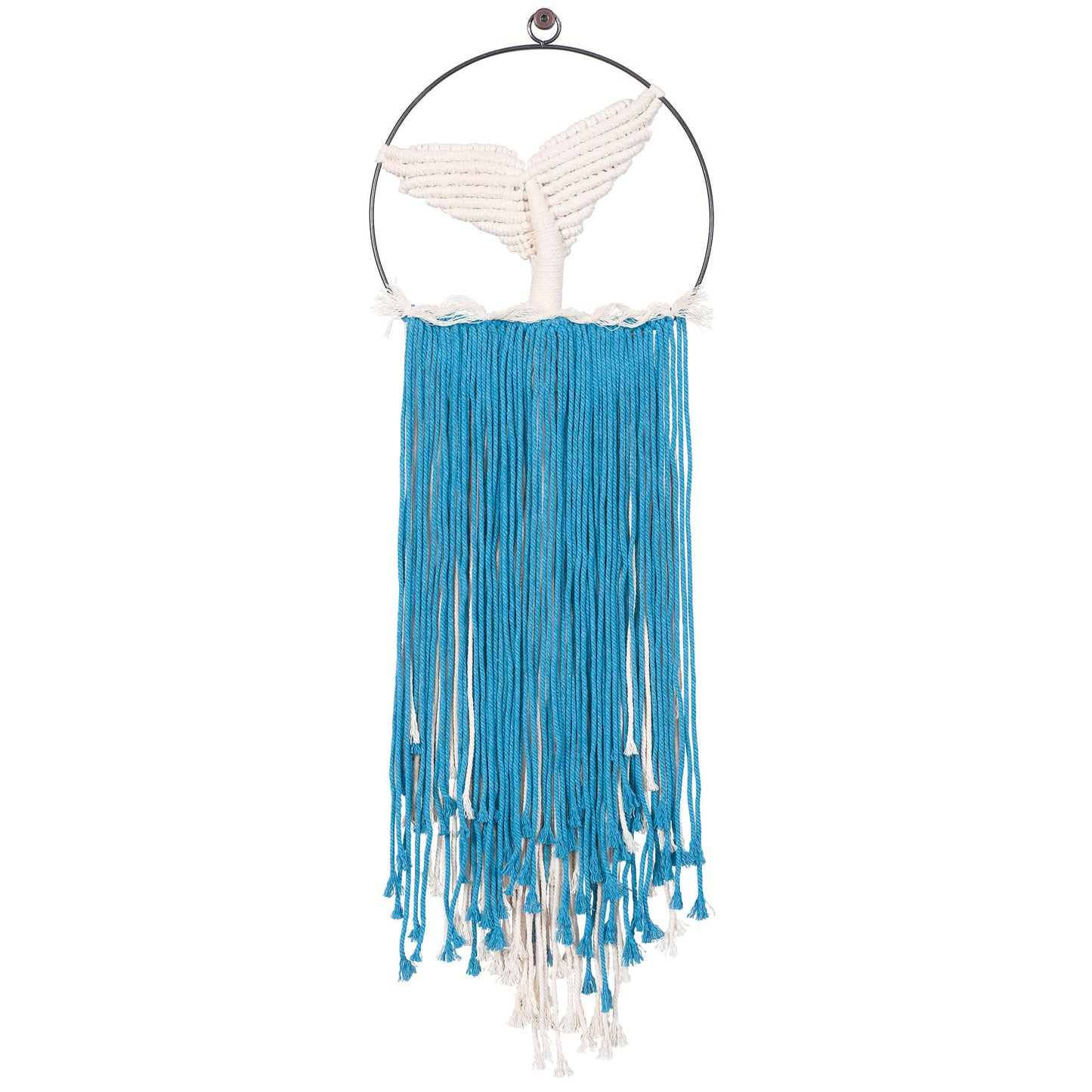 Macrame wall hanging kit, Whale Tail! Natural cotton cord and ocean bue cotton cord, designed with a gunmetal finish ring frame. DIY seaside fun. Shown on white background.