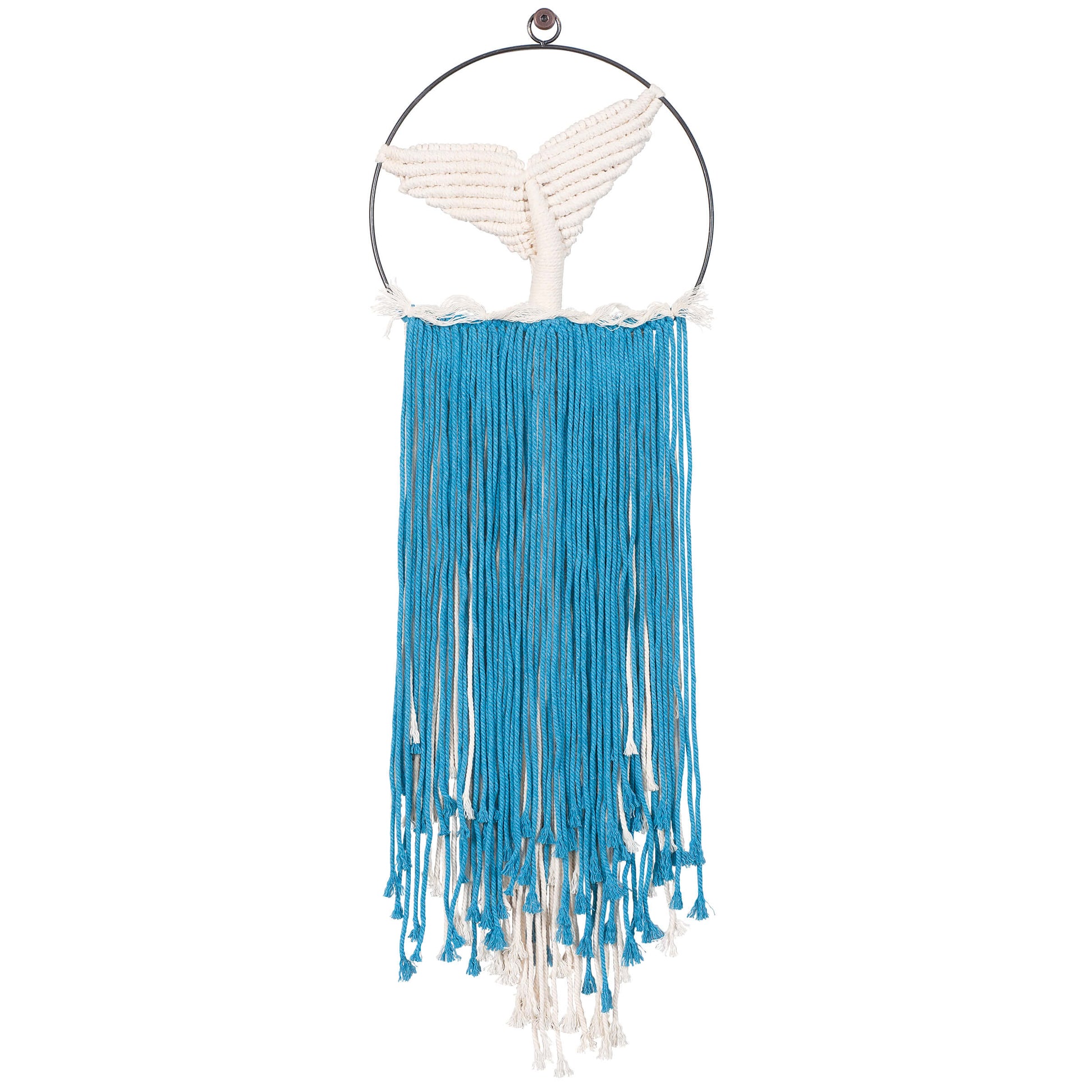 Macrame wall hanging kit, Whale Tail! Natural cotton cord and ocean bue cotton cord, designed with a gunmetal finish ring frame. DIY seaside fun. Shown on white background.