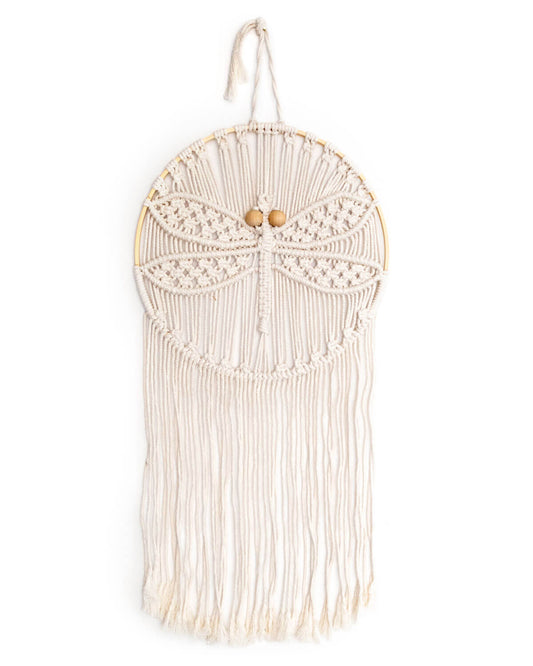 SOlid Oak's Dragonfly design macrame kit - shown as made up, on white