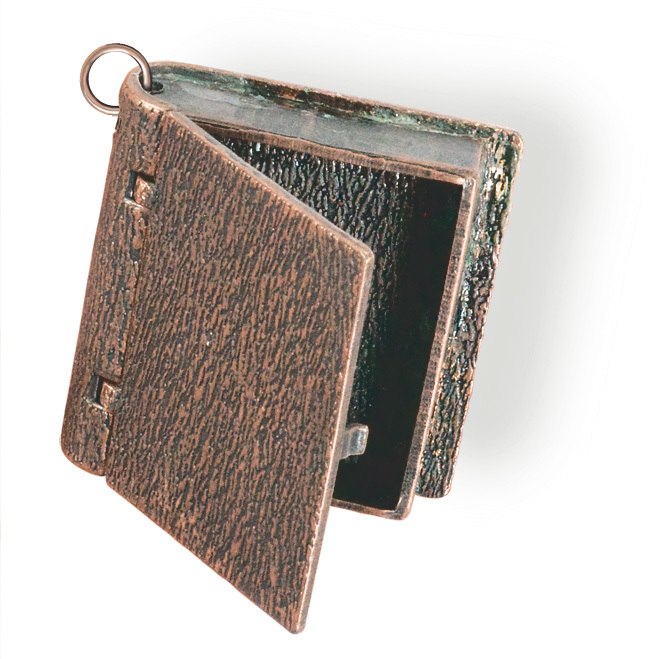 Steampunk Book Locket Pendant with antiqued, coppery finish.
