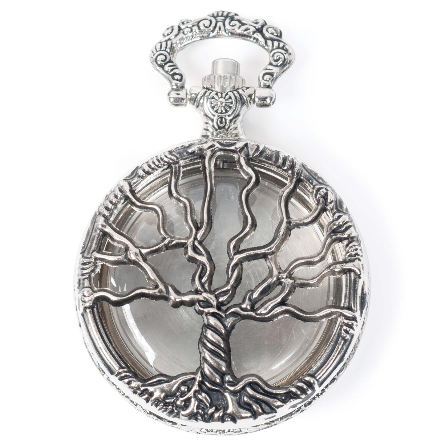 Tree of life design watch case pendant. Tree hinges open to reveal contents you add, protected by a clear shatter-resistant cover. Metal back pops off so you can add your treasures.