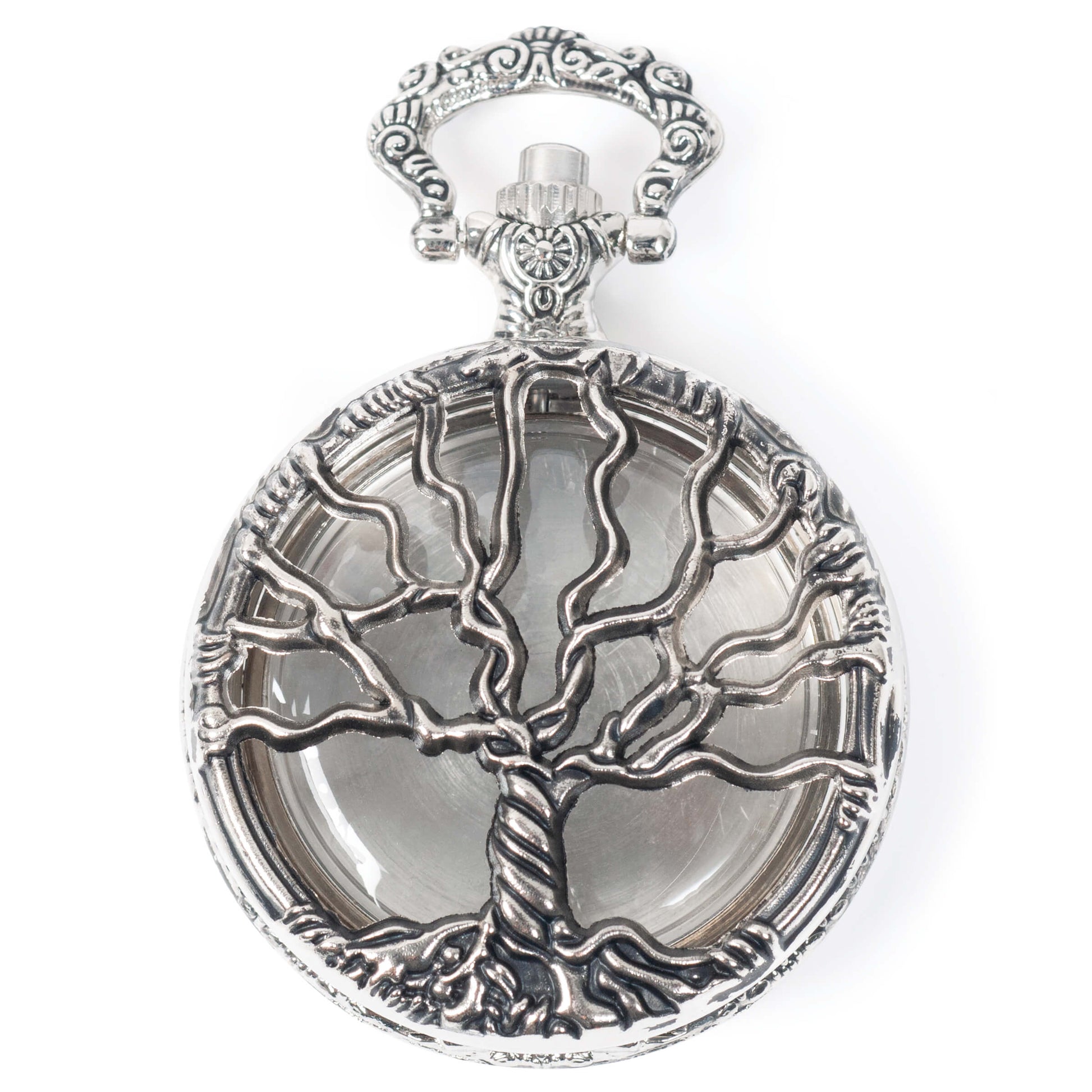 Tree of life design watch case pendant. Tree hinges open to reveal contents you add, protected by a clear shatter-resistant cover. Metal back pops off so you can add your treasures.