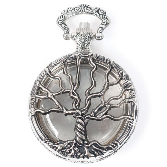 Tree of life design watch case pendant. Tree hinges open to reveal contents you add, protected by a clear shatter-resistant cover. Metal back pops off so you can add your treasures.