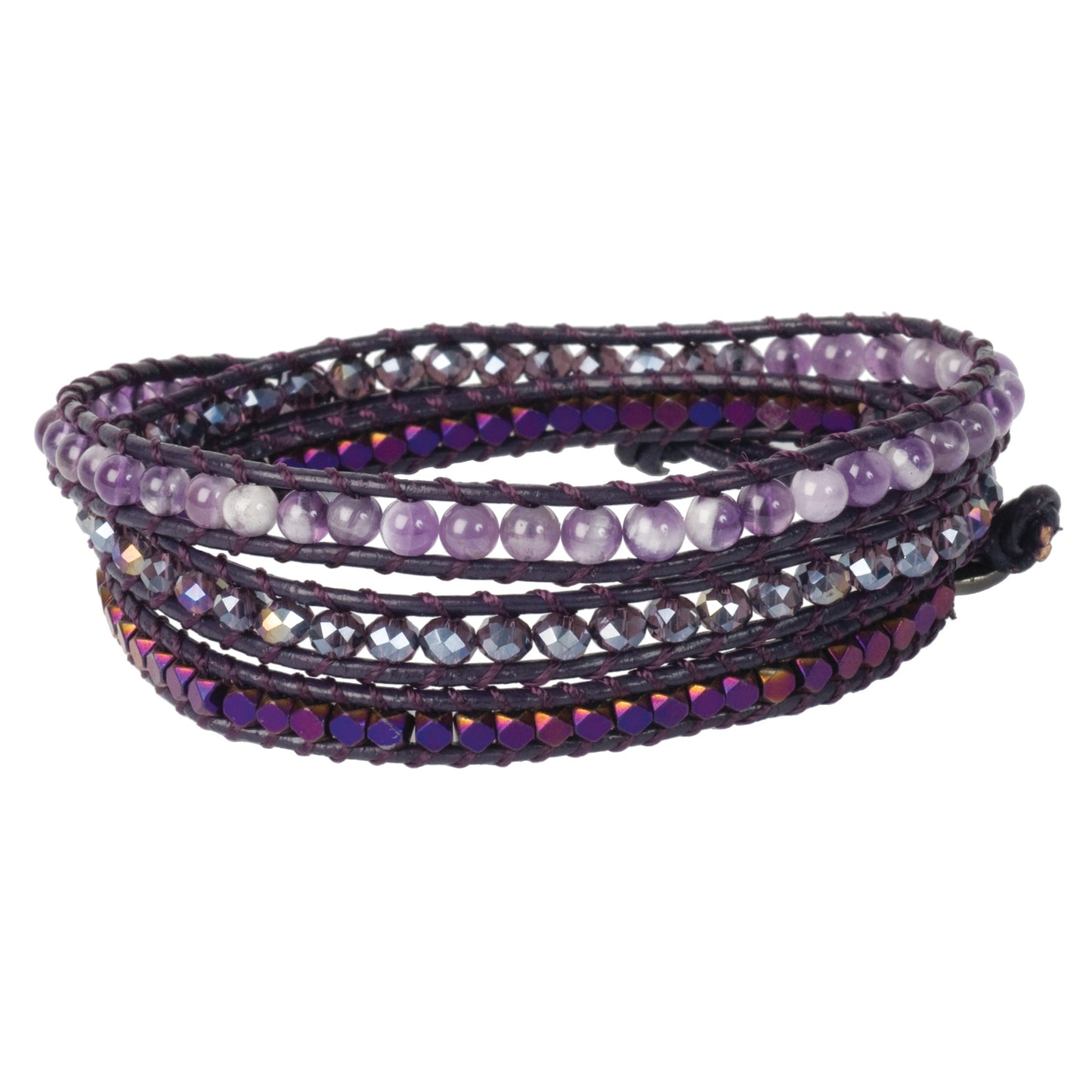 "Regal Purple" ladder-style wrap bracelet from SOlid Oak jewelry kit, featuring amethyst, hematite, and metallic ourple crystal beads, genuine leather cord. DIY with easy instructions!