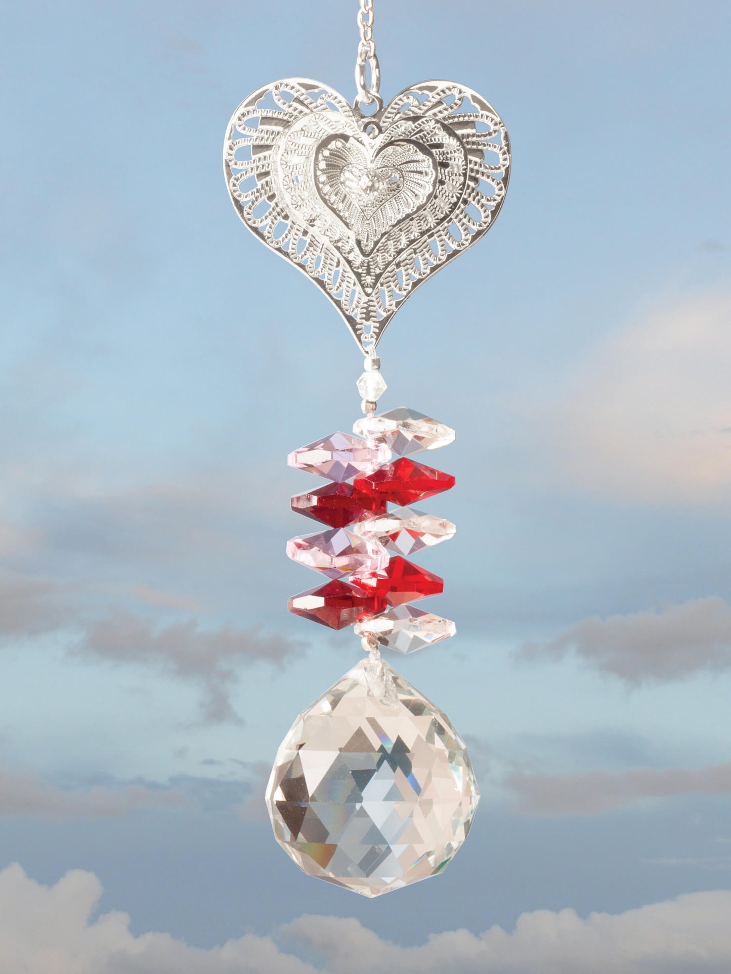 Heart design suncatcher, DIY kit with crystal beads and silvery finish metal parts.