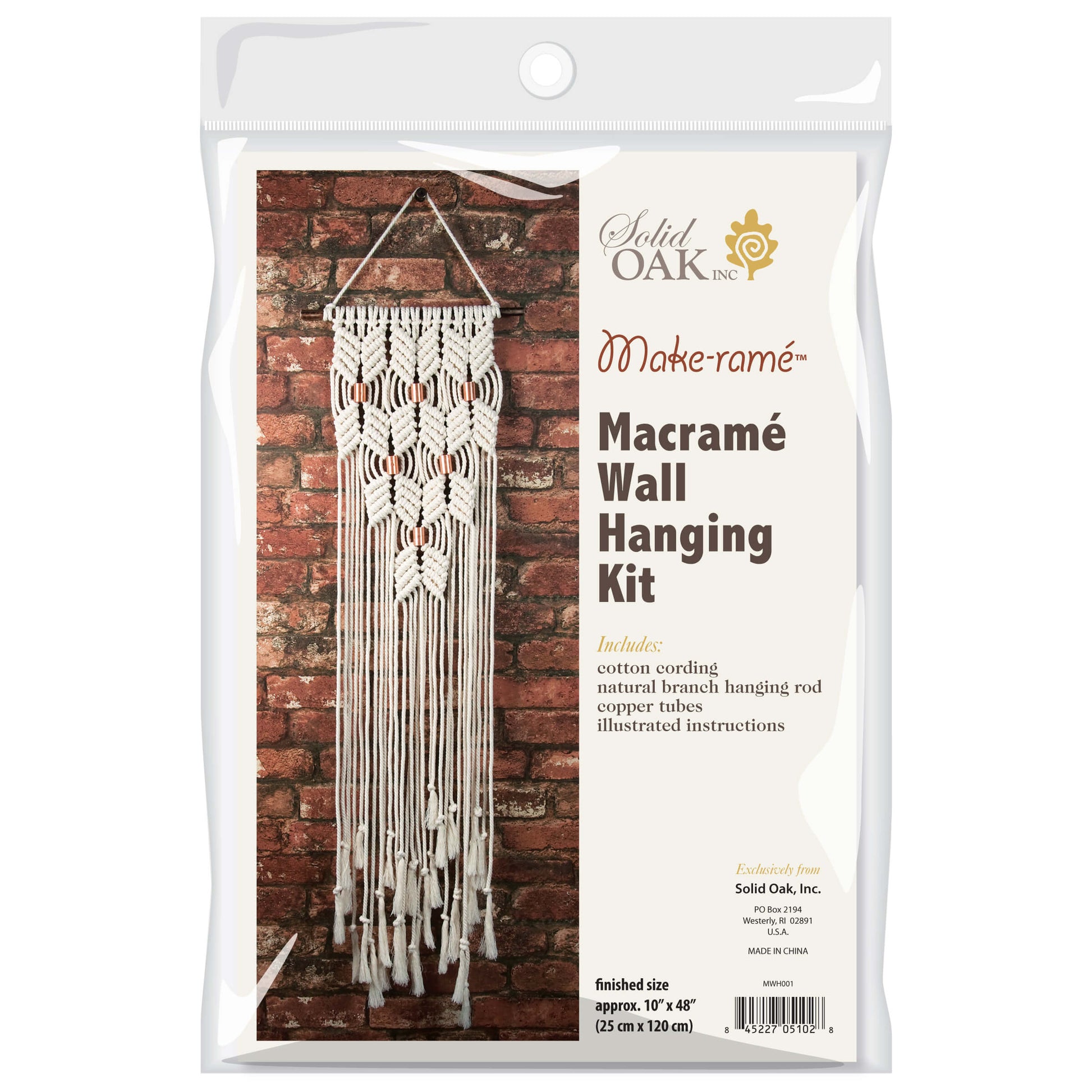 DIY macrame wall hanging kit made up - Chevrons design with coppery finish metal tube accents. shown in kit package