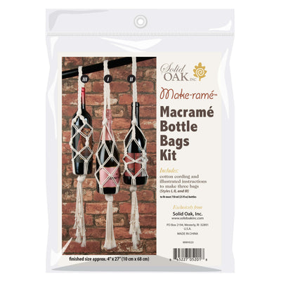DIY macrame kit makes 3 bottle bags for wine and other beverage bottles. Shown in package.