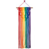 Rainbow vertical stripes macrame wall hanging on white background, red, orange, yellow, green, blue, purple. Pride flag.