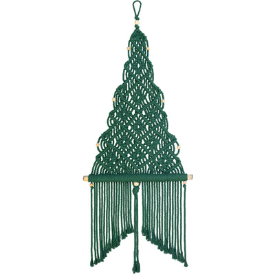 macrame Christmas tree DIY wall hanging kit, made with dark green color cord, natural wood beads.