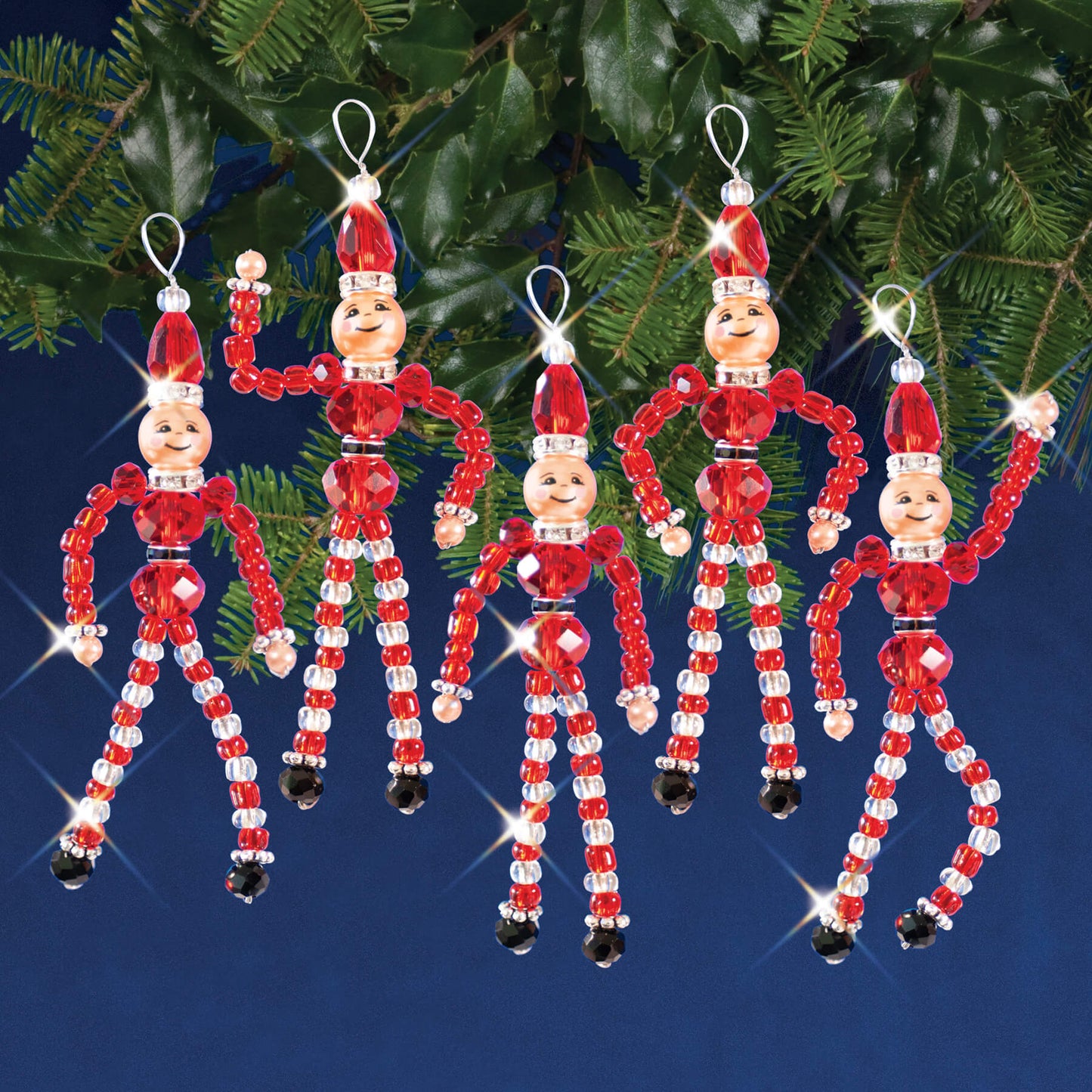 picture of five Santa's ELves beaded ornaments from DIY kit