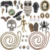 Steampunk or Halloween value bundle of best-selling charms, pendants and chain for jewelry-making. Skulls, skeletons, coffins, ravens. owls, bats, laboratory flasks collected and offered at 30% less than retail price. Free shipping in United States.