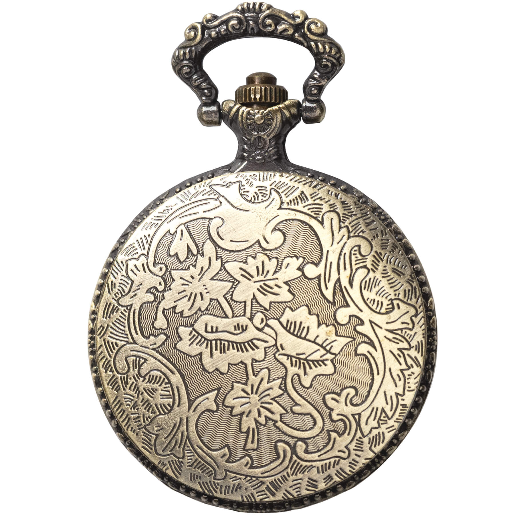 Solid Oak STEAM352 Clear front pocket watch case in antiqued golden or braonze color, showing the back side detail