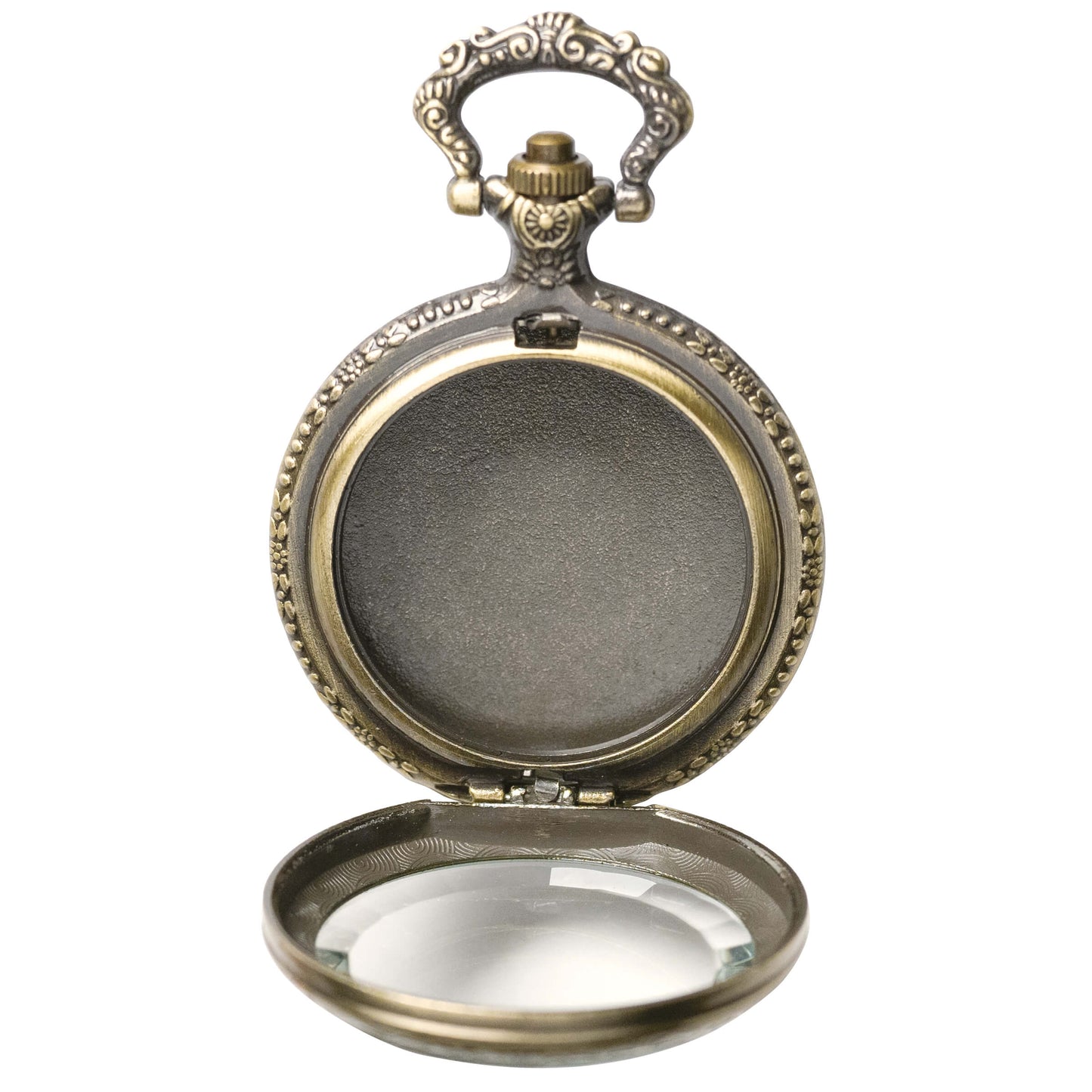 Solid Oak STEAM352 Clear front pocket watch case in antiqued golden or braonze color, shown open from the front