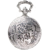 large size pcket watch case, antiqued imitation silver metal with clear, hinged acrylic cover, showing back side detail