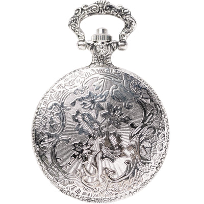 large size pcket watch case, antiqued imitation silver metal with clear, hinged acrylic cover, showing back side detail