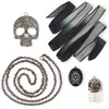 Solid Oak Style Bundle for DIY jewelry; includes floral skull pendant, skull-topped transparent vial, glow-in-the-dark pendant, metal jewelry chain, and hnad-dyed ombre silk ribbon in black/grey.
