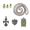 Solid Oak Value Bundle jewelry parts: Ancient Forest, including Green Man pendant, Green Fairy Absinthe pendant, 3 green glass potion bottles, ancient verdigris cross pendant, and gunmetal finish length of jewelry chain