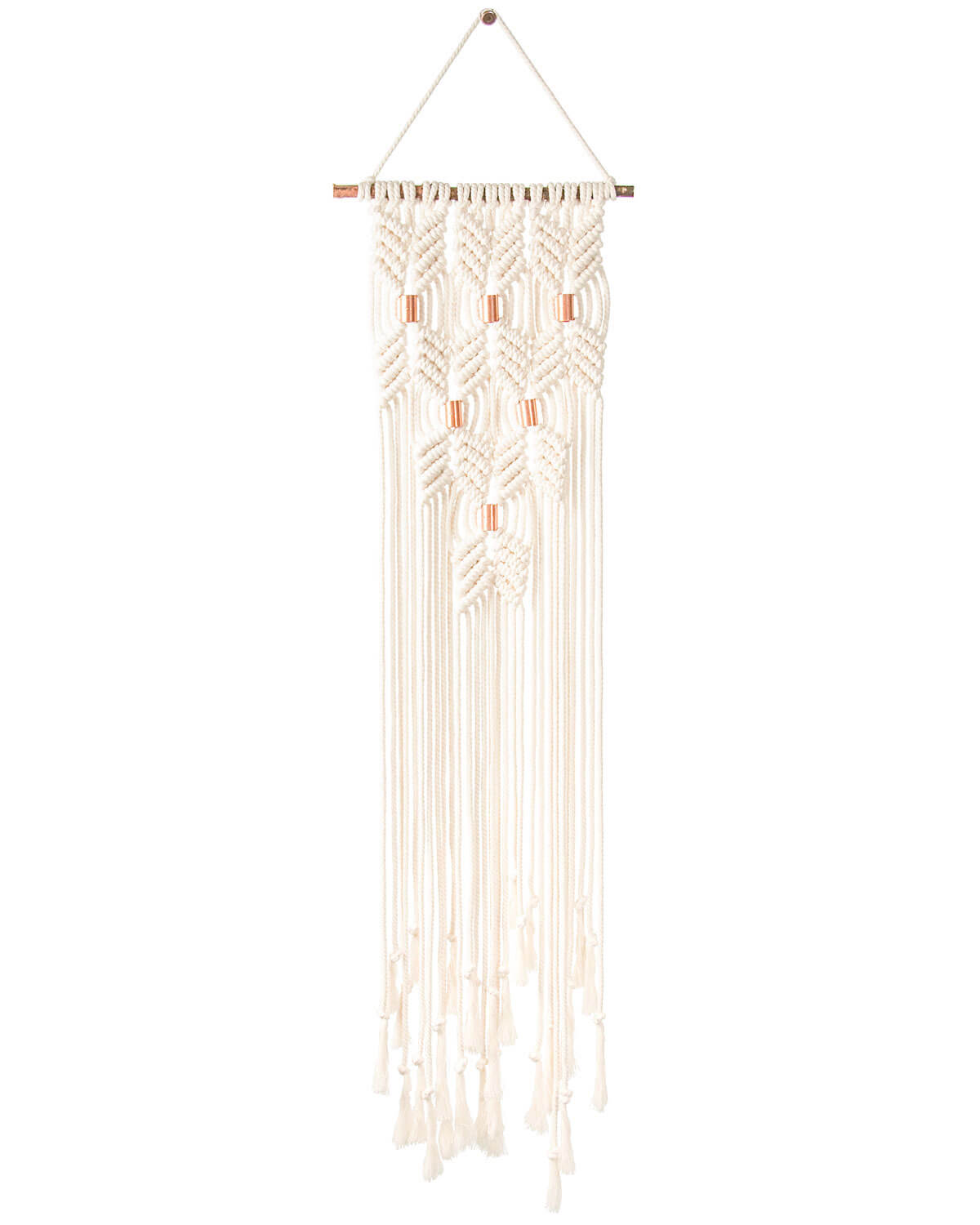 DIY macrame wall hanging kit made up - Chevrons design with coppery finish metal tube accents. shown on white