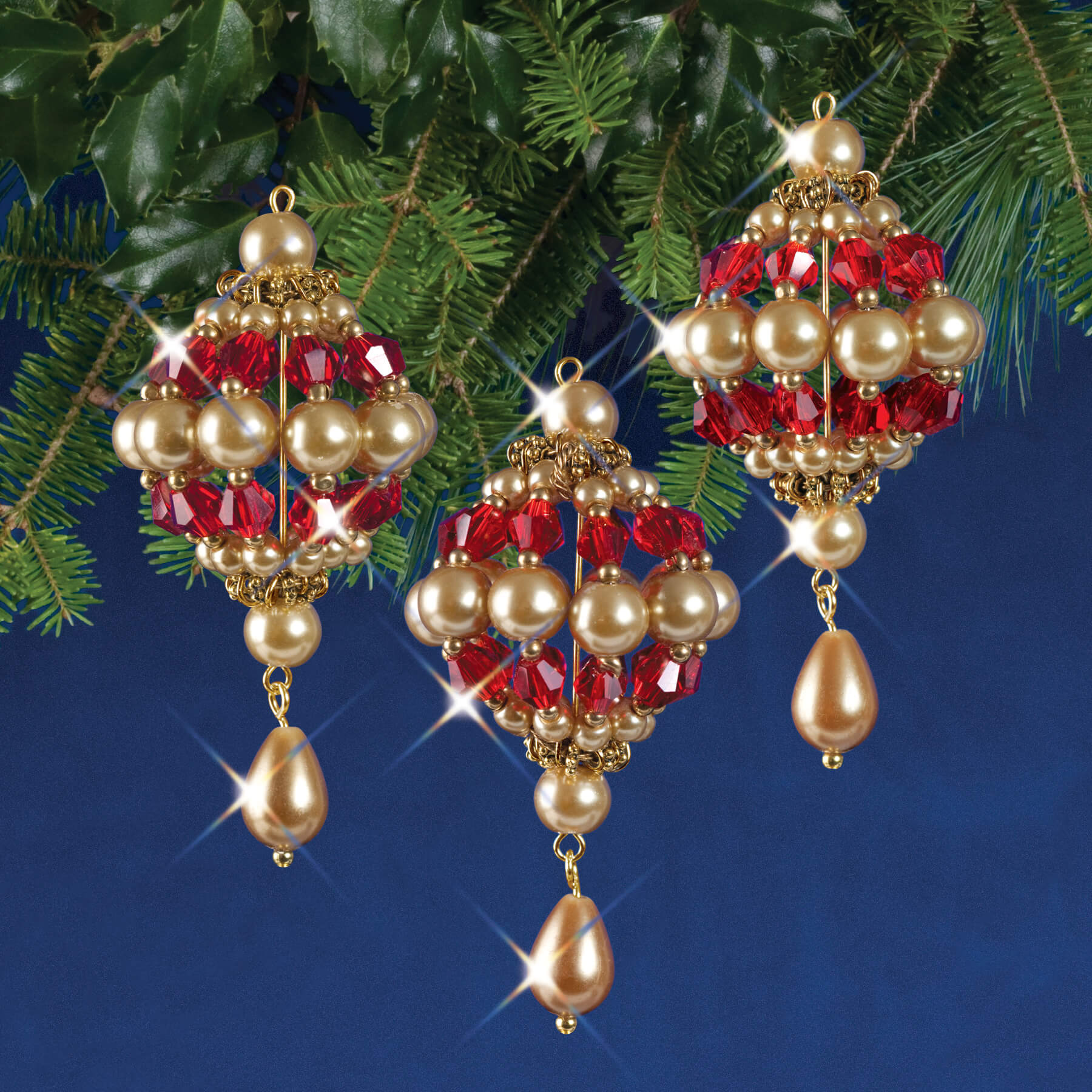 Solid Oak Nostalgic Christmas Beaded Crystal Ornament Kit-Ruby & Gold Baroque Drops