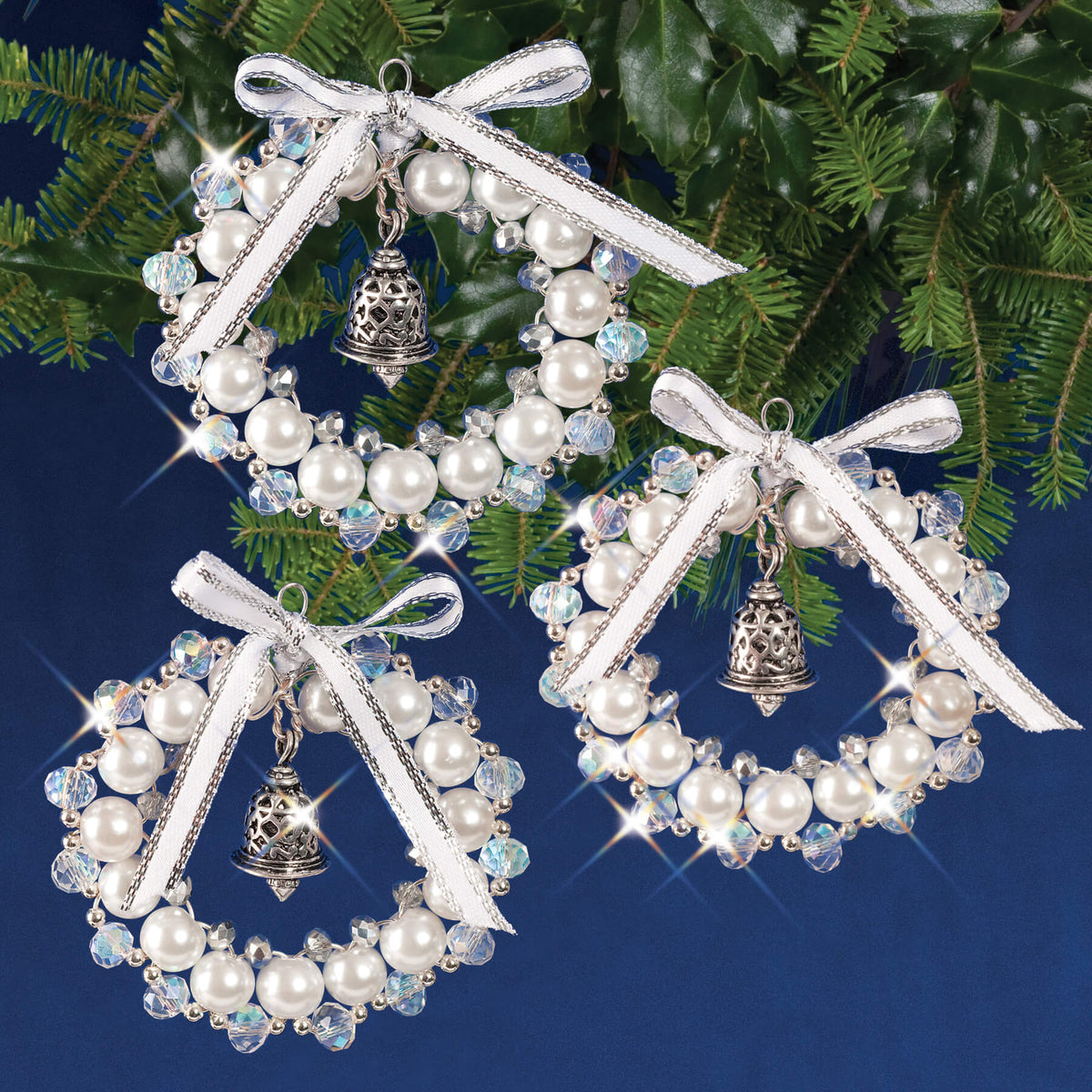 Solid Oak: Beaded Ornament Kit: Bell Wreaths - White/Crystal/Silver