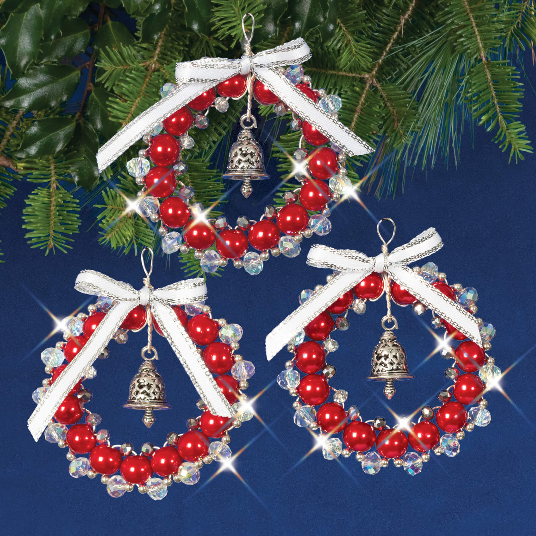 Bell Wreaths Red/White/Silver Makes 3 Nostalgic Christmas Beaded Cyrstal Ornament Kit - Solid Oak