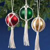 kit for making three macrame Christmas ball ornaments, red - green - gold color satin finish with Natural unbleached cotton cord
