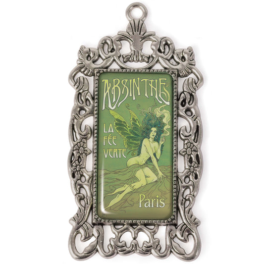 Green Fairy (La Fee Verte" printed art deco poster on picture frame pendant with pewter-color decorative frame, measures 2.5 in tall x 1.25 in. wide (65mm x 35mm) includes the word "Paris"