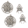 Metal charms - 2 spiders and 2 spider webs, cast in antiqued, imitation solver metal